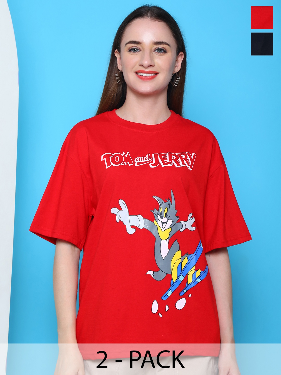 

Dreambe Women Pack Of 2 Tom & Jerry Fusion Graphic Printed Cotton Oversized T-shirts, Red