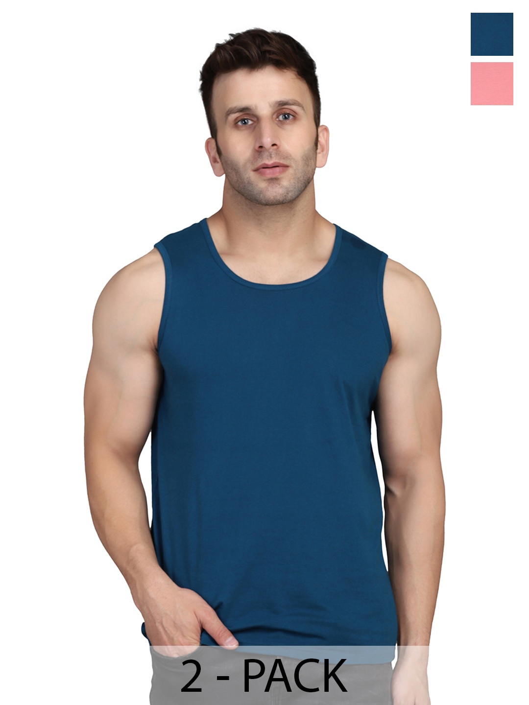 

WOOSTRO Men Pack Of 2 Solid Round Neck Cotton Slim Fit T-shirts, Navy blue