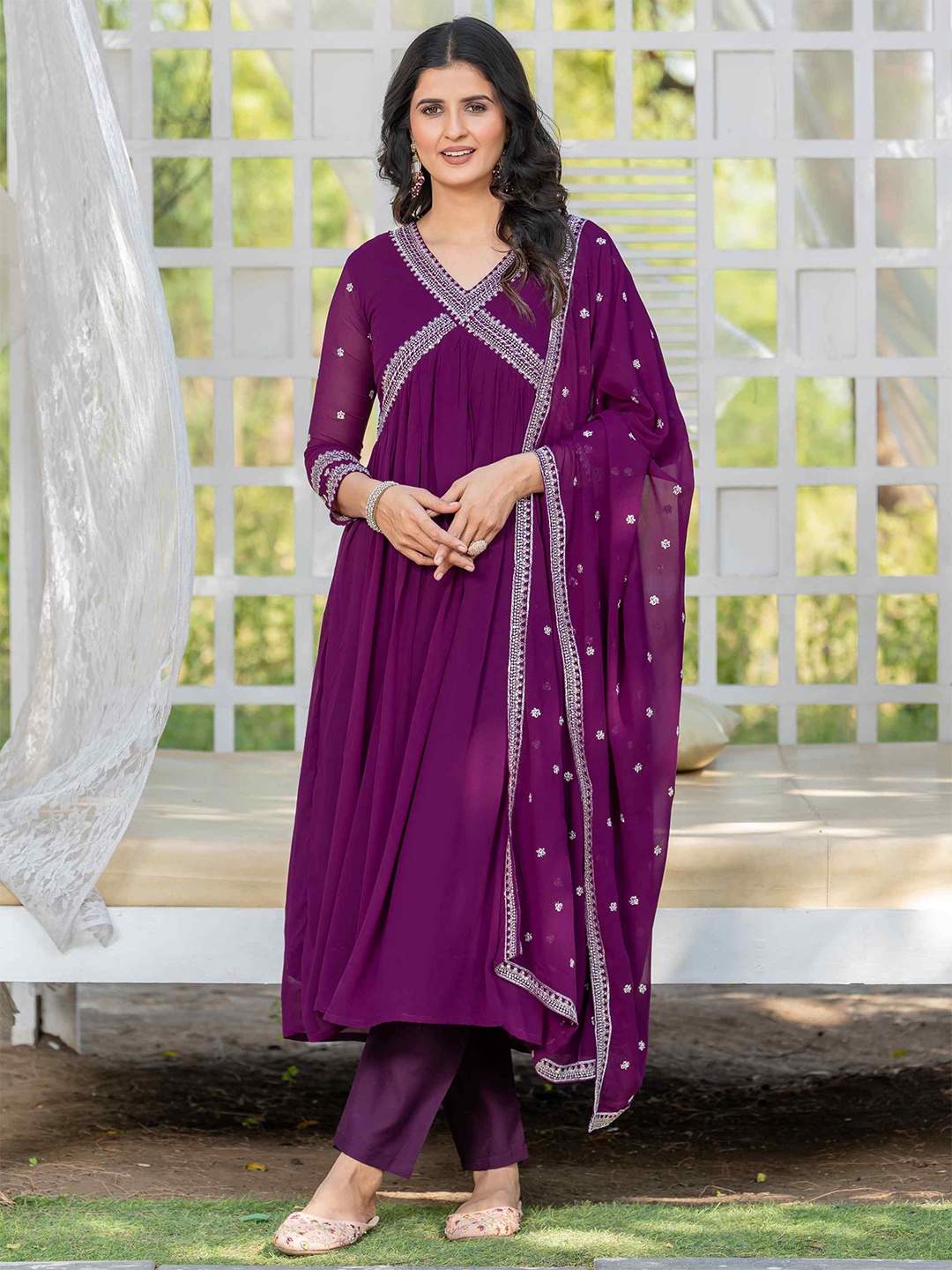 

TextileNow Floral Embroidered V-Neck Alia Cut Kurta With Trouser & Dupatta, Purple