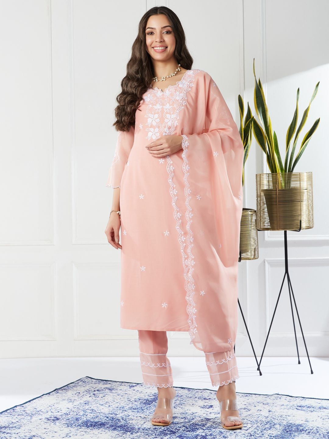 

Colors of Earth Floral Embroidered Round Neck Straight Kurta With Trousers And Dupatta, Peach