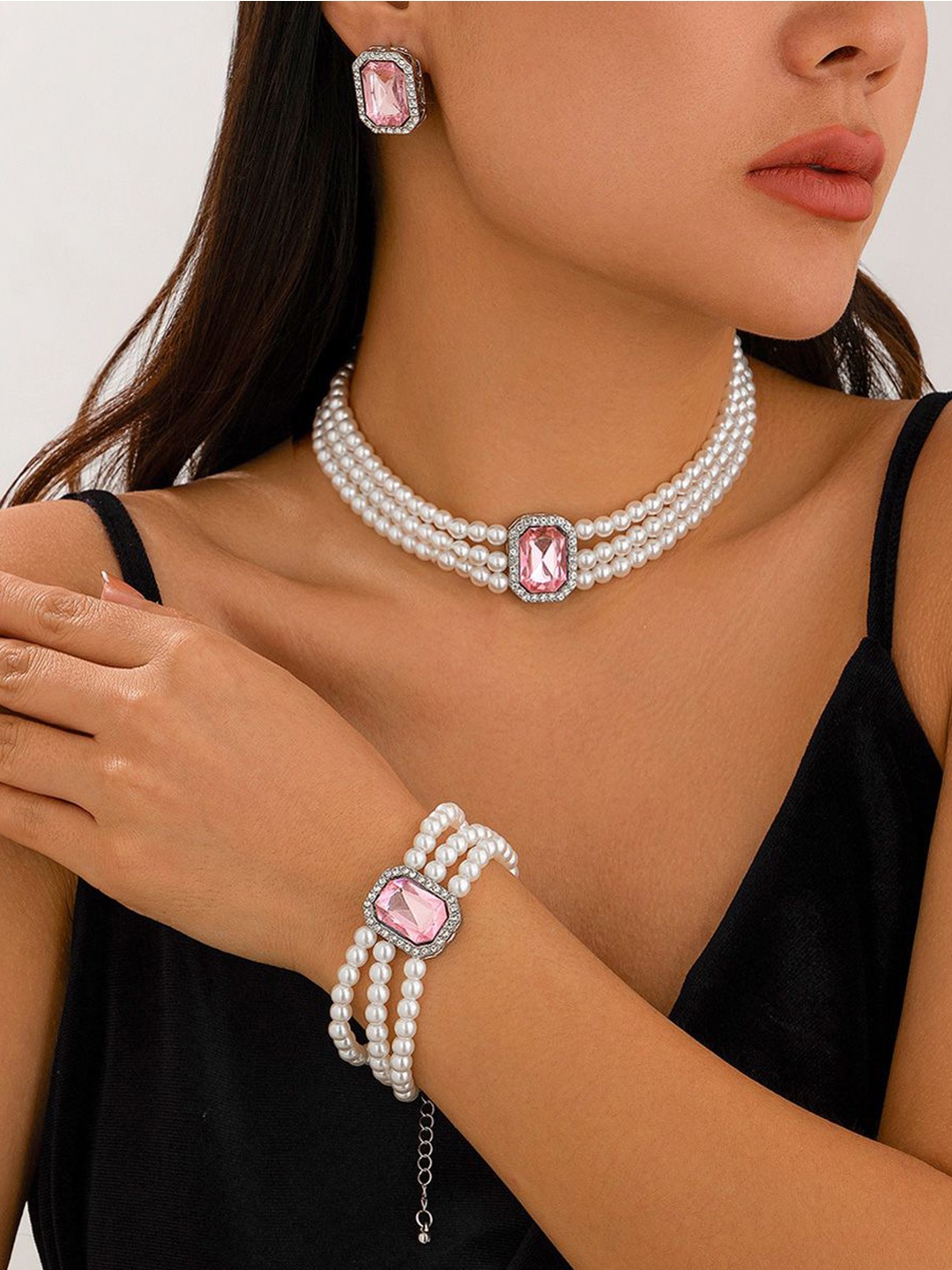 

Shining Diva Fashion Silver-Plated Artificial Stone Studded & Pearls Beaded Jewellery Set