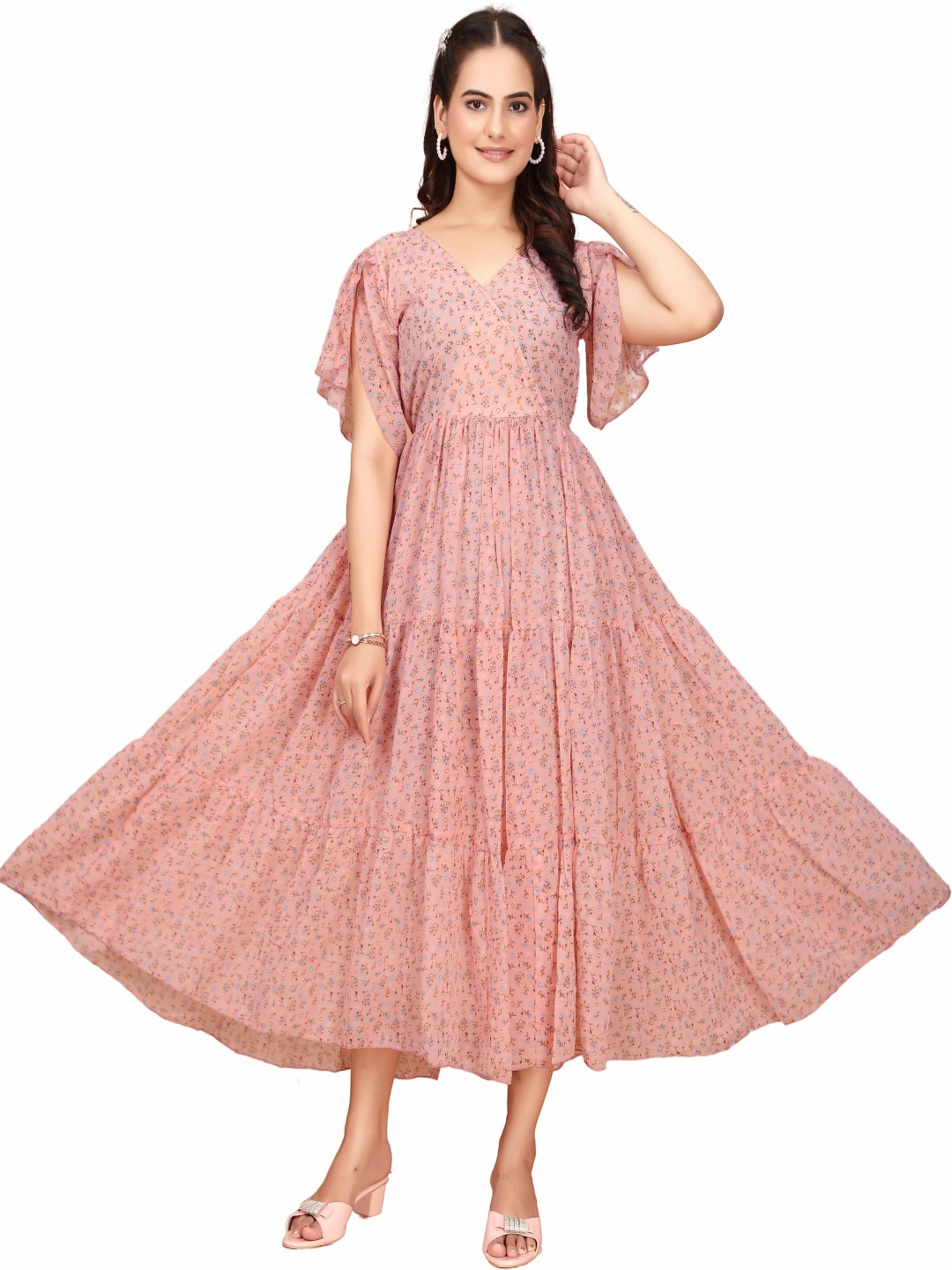 Eightone Floral Print Georgette Maxi Midi Dress, Orange