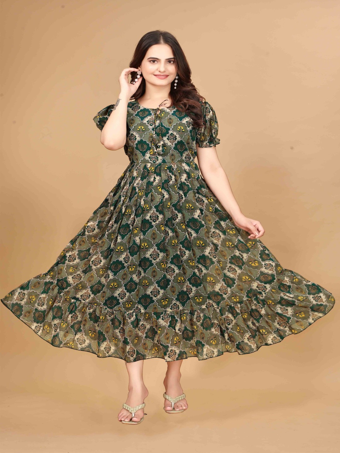 

Eightone Floral Printed Georgette Fit & Flare Dress, Green