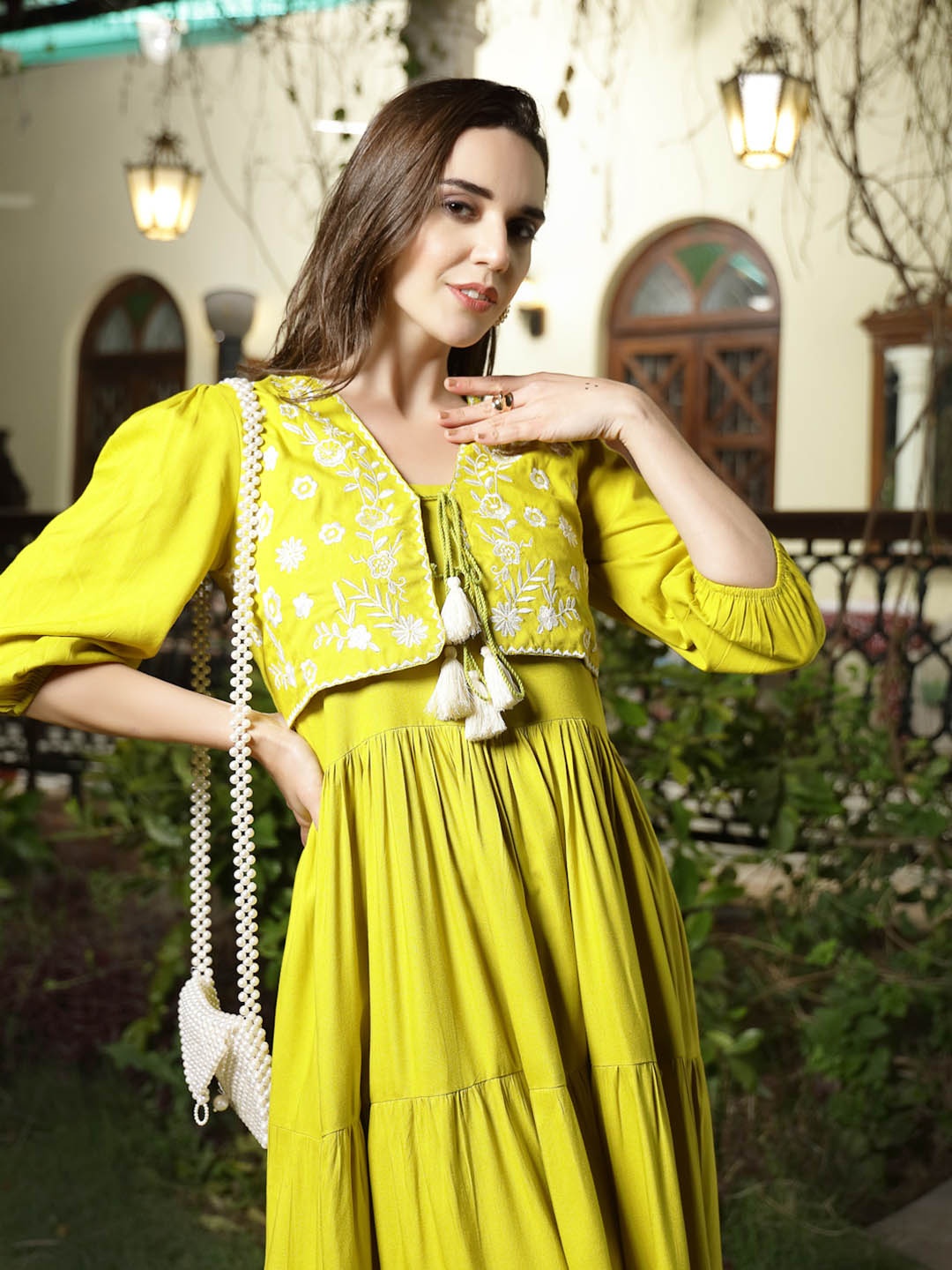

Stylum Shoulder Straps Tiered Maxi Dress With Embroidered Jacket, Lime green