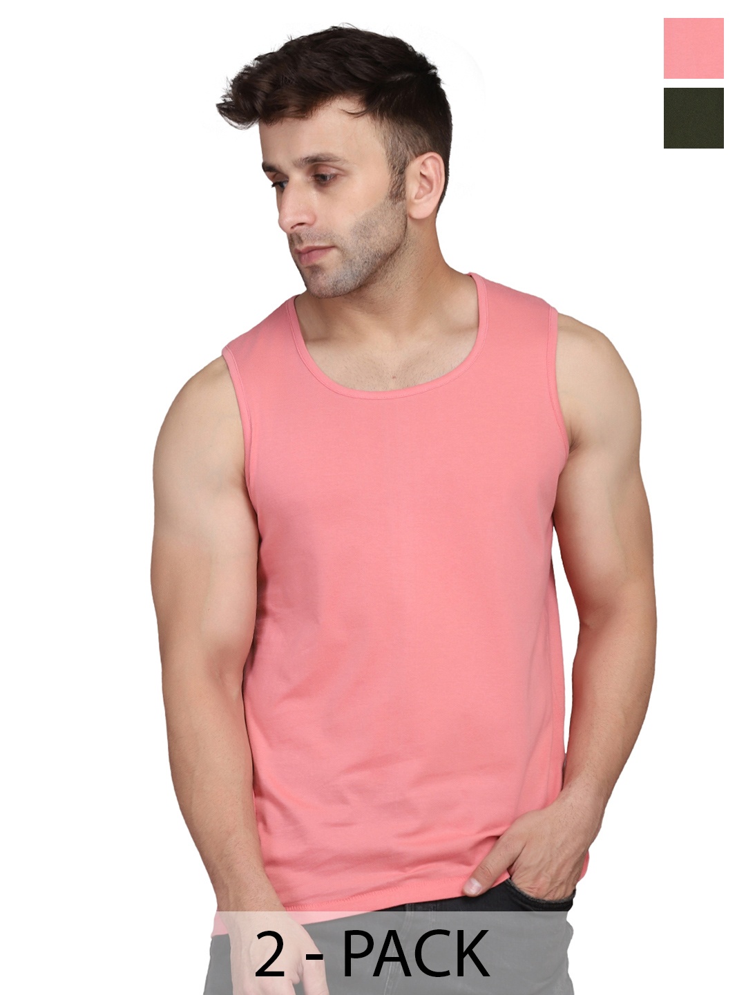 

WOOSTRO Men Pack Of 2 Solid Round Neck Cotton Slim Fit T-shirts, Peach