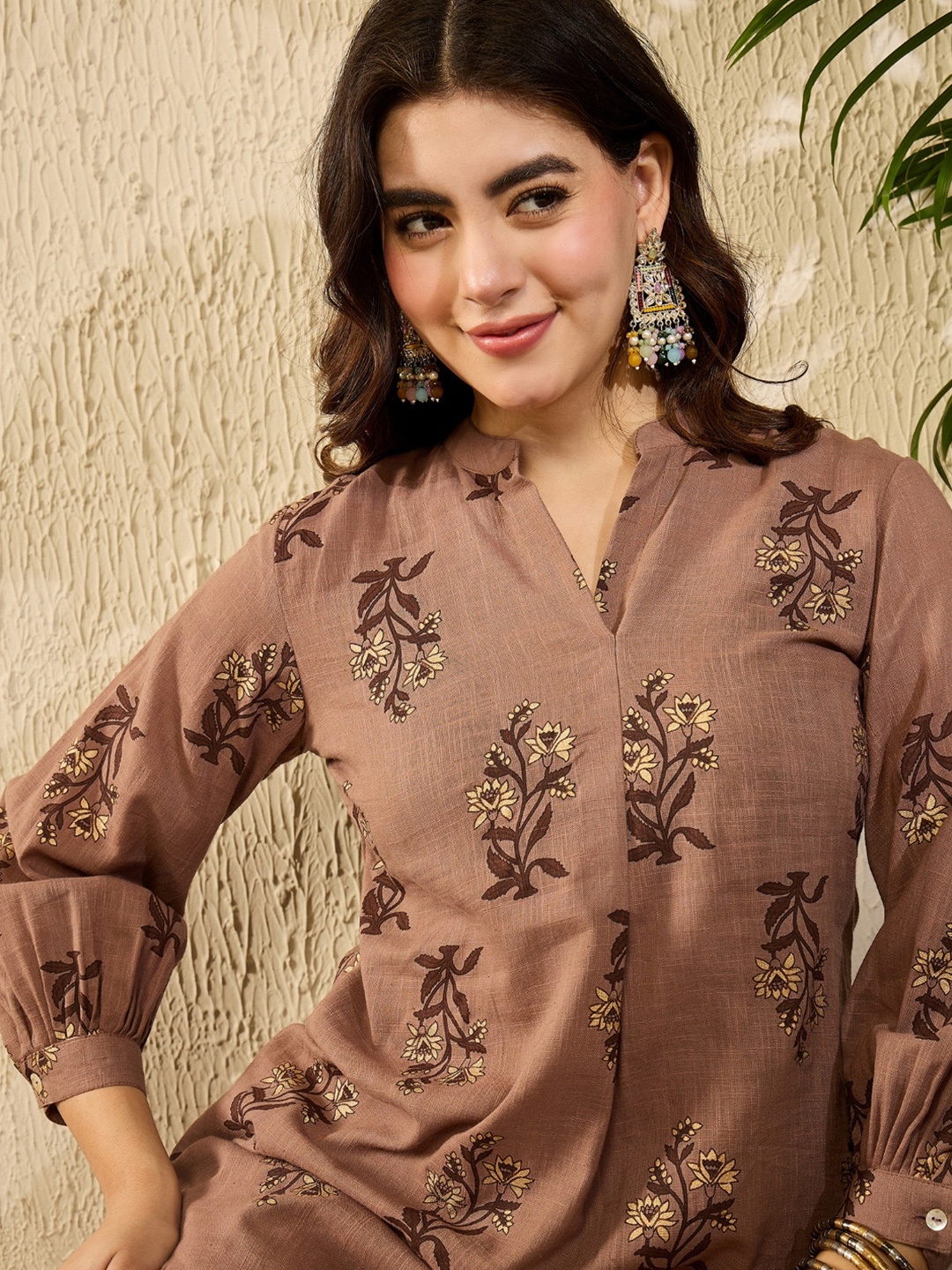 

AHIKA Women Floral Printed Mandarin Collar Top, Brown