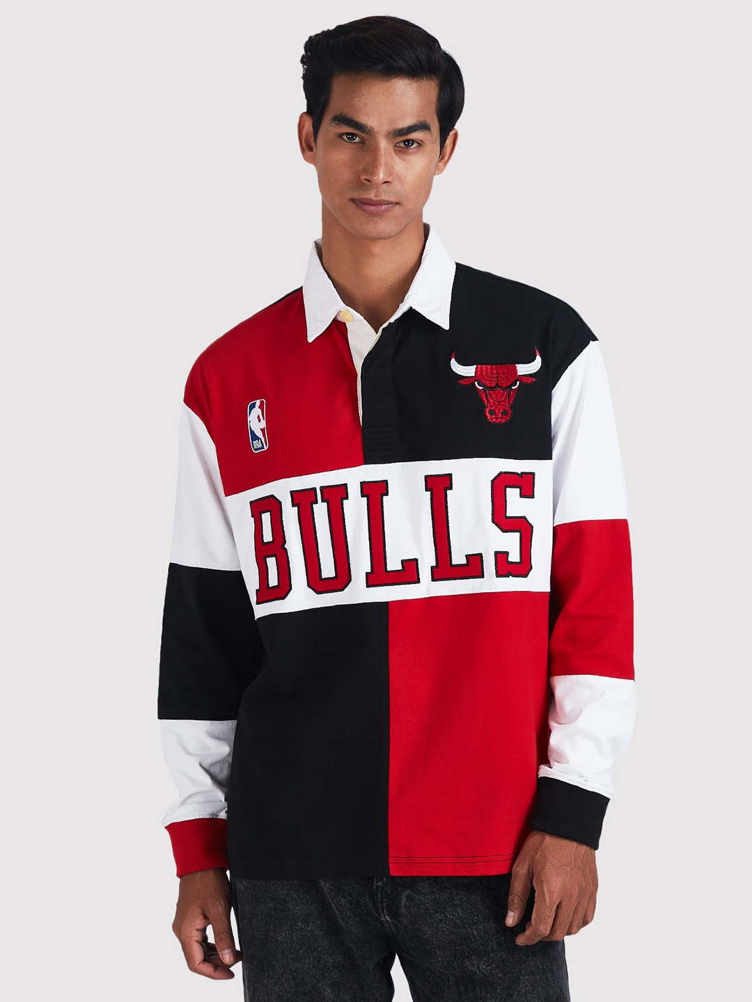 

NBA Men Colourblocked Polo Collar Cotton Oversized T-shirt, Red