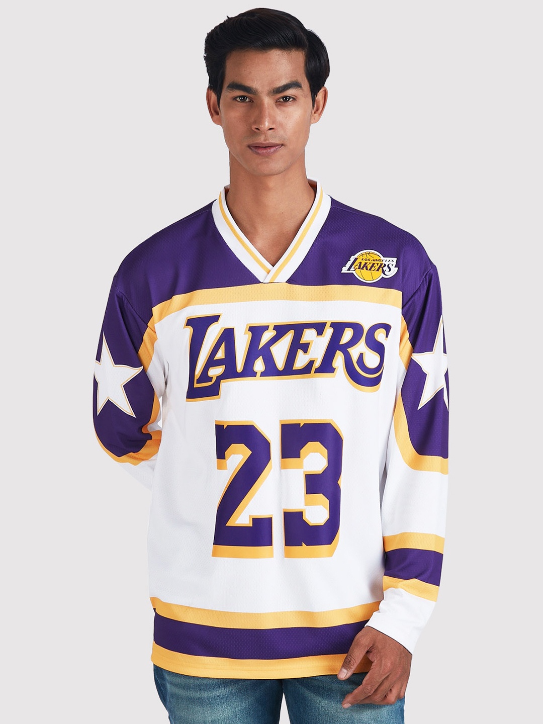 

NBA Men Varsity Printed V-Neck Oversized T-shirt, White