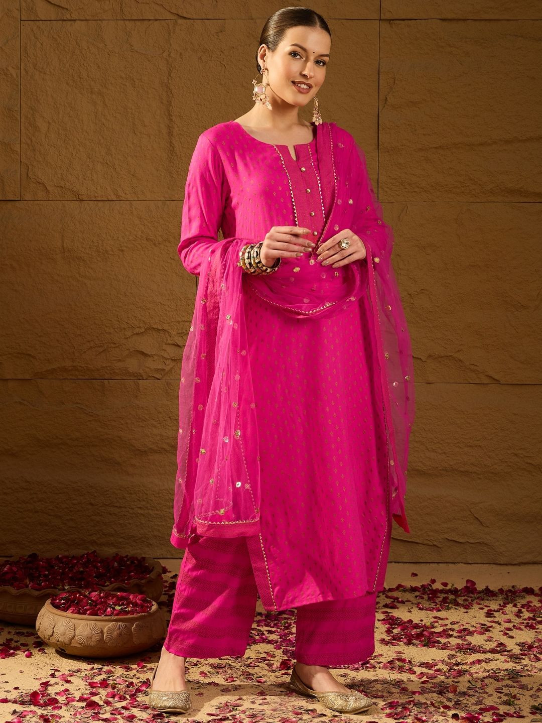 

KALINI Ethnic Motifs Printed Notch Neck Straight Kurta With Palazzos And Dupatta, Pink