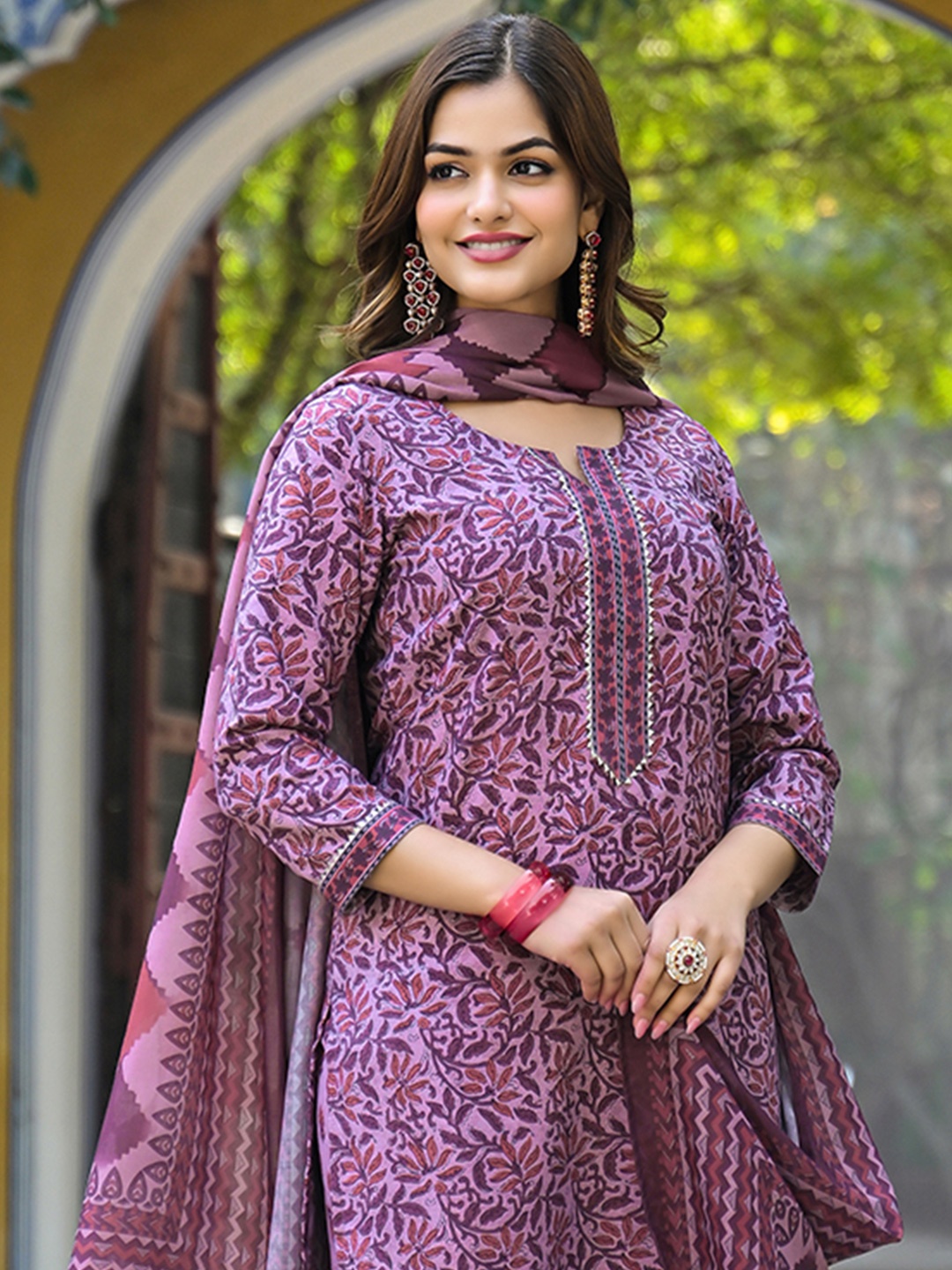 

KALINI Floral Printed Notch Neck Gotta Patti Straight Kurta With Trousers & Dupatta, Purple