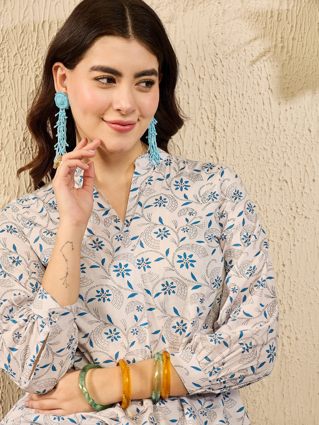 

KALINI Floral Print Mandarin Collar Top, White