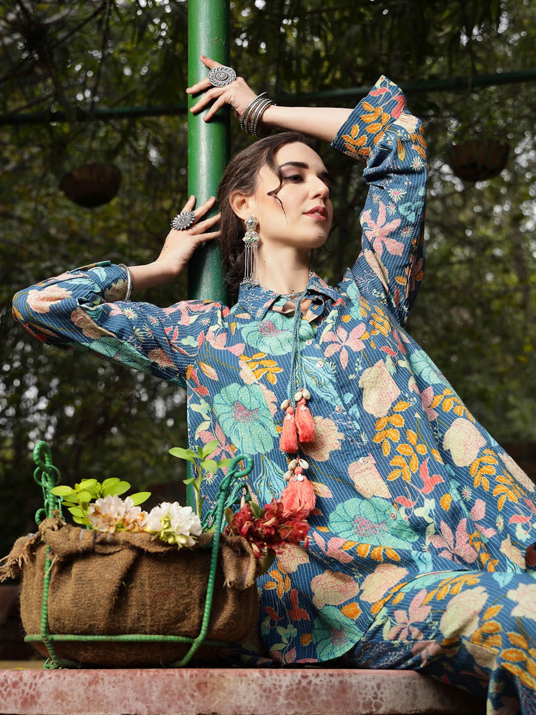 

Stylum Floral Printed Shirt Collar Cotton Shirt With Trouser, Blue
