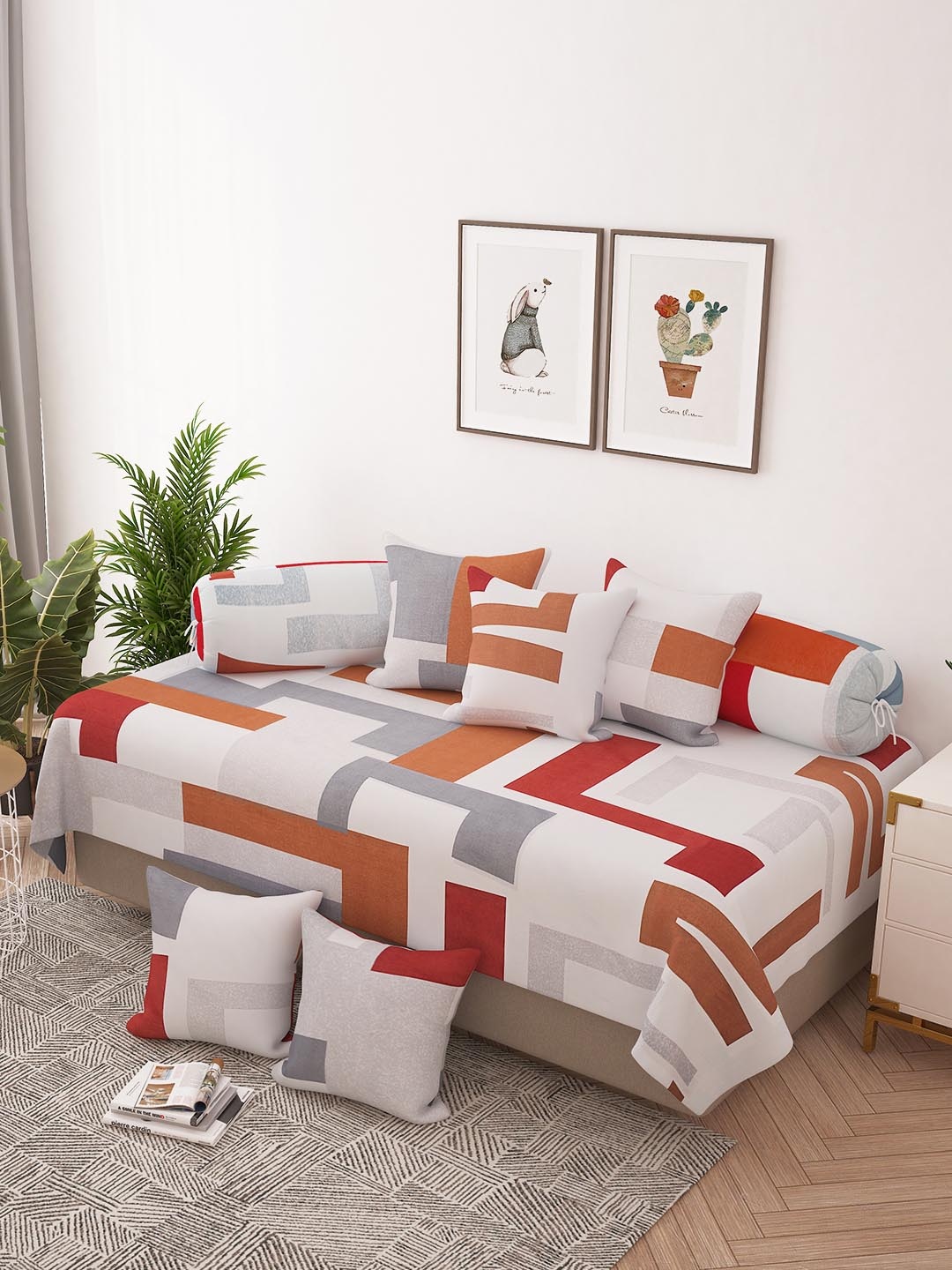 

Story@home Geometric Printed 8 Pc Satin Finish Diwan Set, White