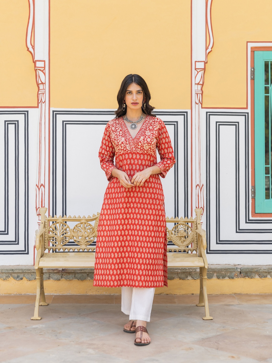 

The Ethnic Label Women Block Printed Kurta, Red