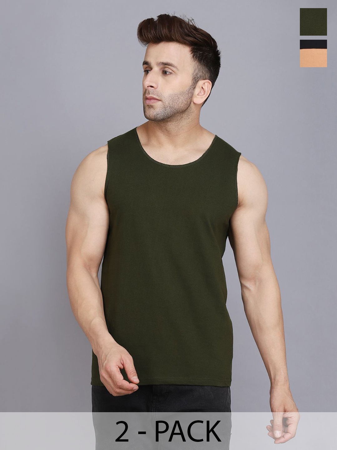 

Woostro Pack of 2 Assorted Cotton Innervest, Olive