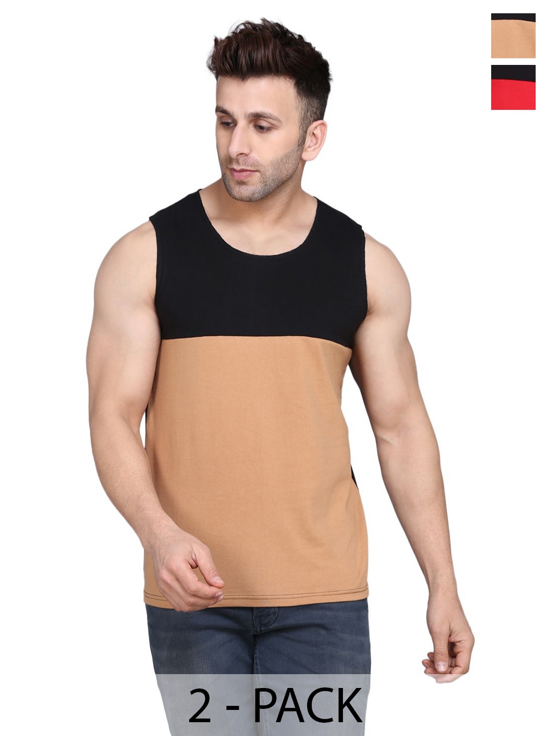 

WOOSTRO Pack Of 2 Sleeveless Gym Innerwear Vests RS26 COMBO (BLKRST) (BLKRED), Red