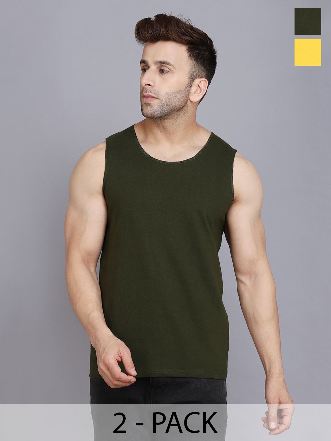 

Woostro Pack Of 2 Cotton Gym Vest, Olive