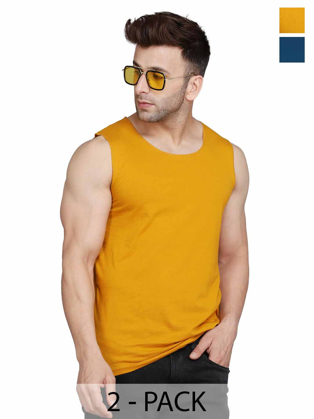 

Woostro Pack Of 2 Cotton Gym Vest, Mustard