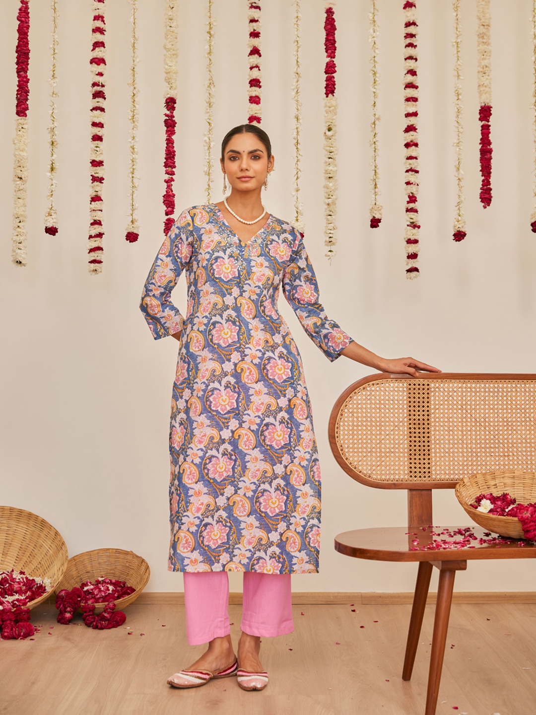 

The Ethnic Label Women Block Printed Kurta, Blue