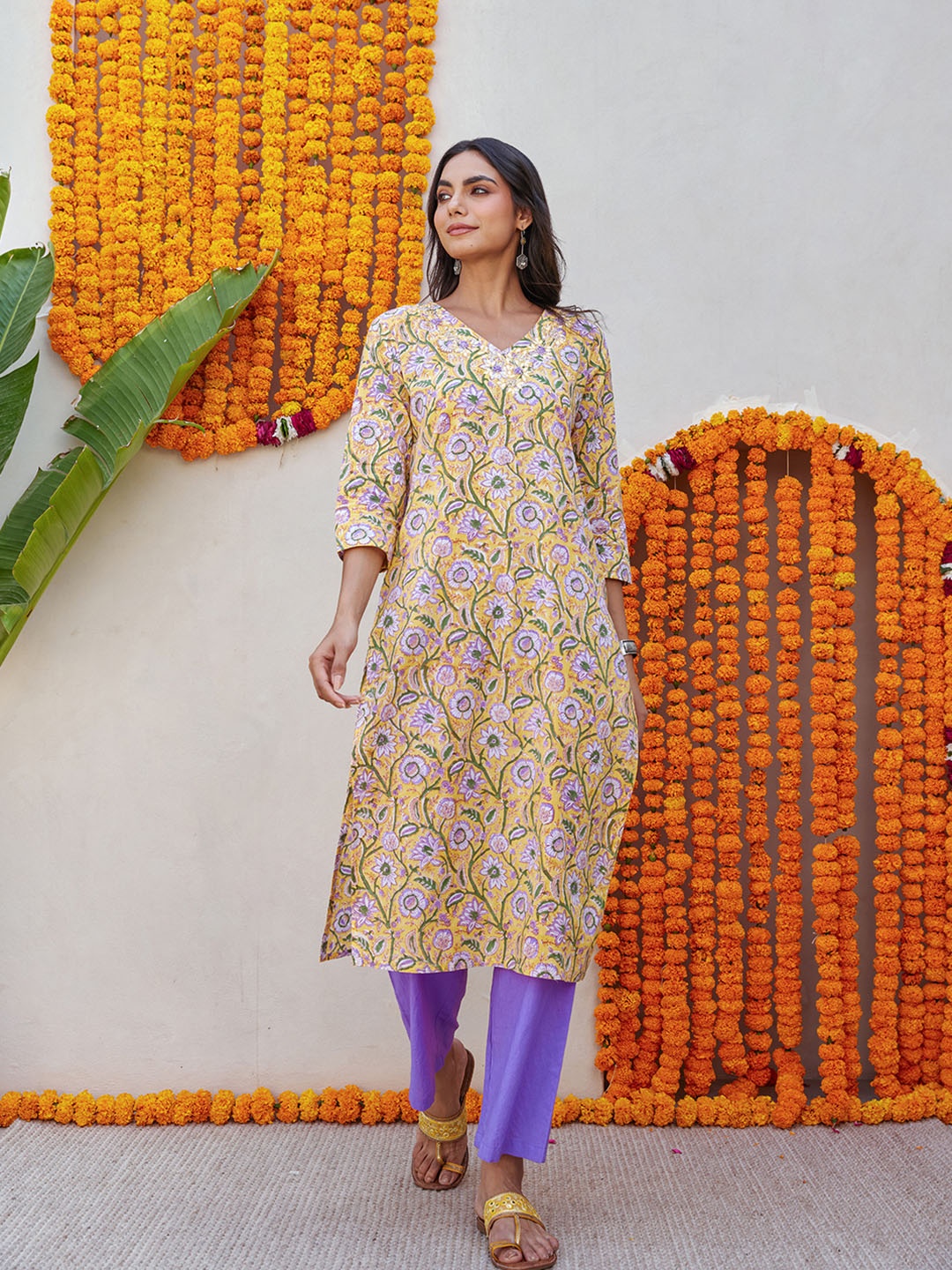 

The Ethnic Label Women Block Printed Kurta, Yellow