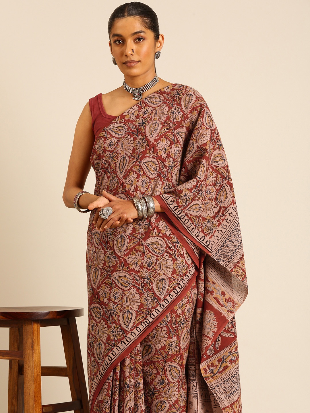 

Taavi Kalamkari Pure Cotton Handloom Block Print Saree, Red