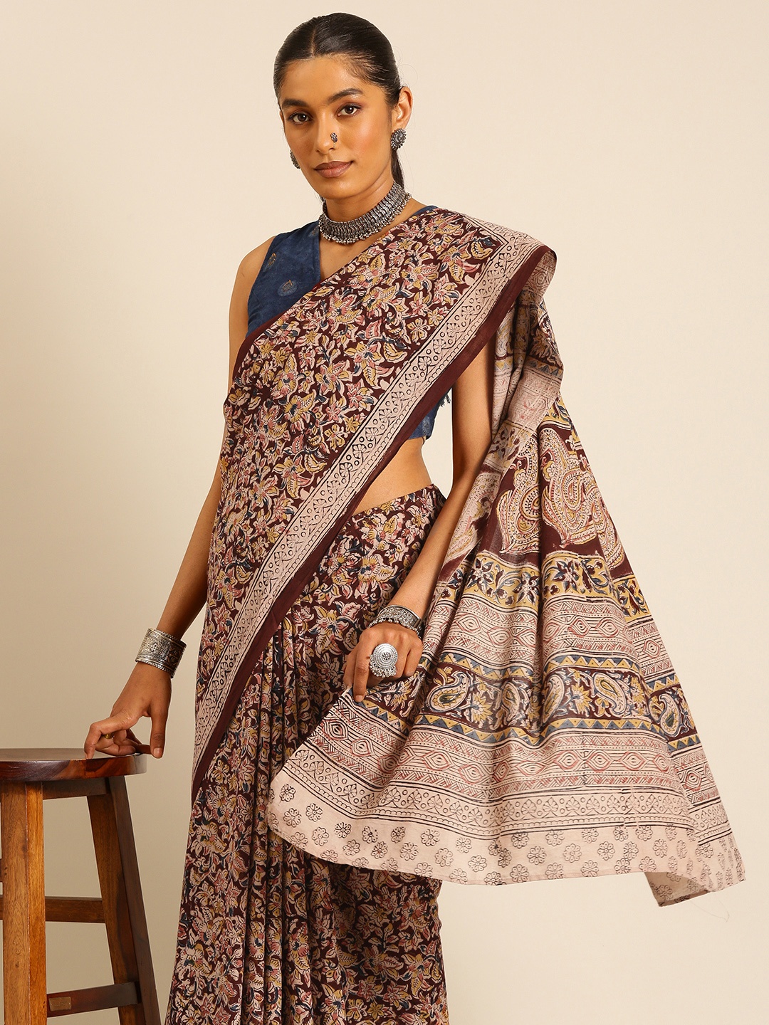 

Taavi Kalamkari Pure Cotton Handloom Hand Block Print Saree, Brown