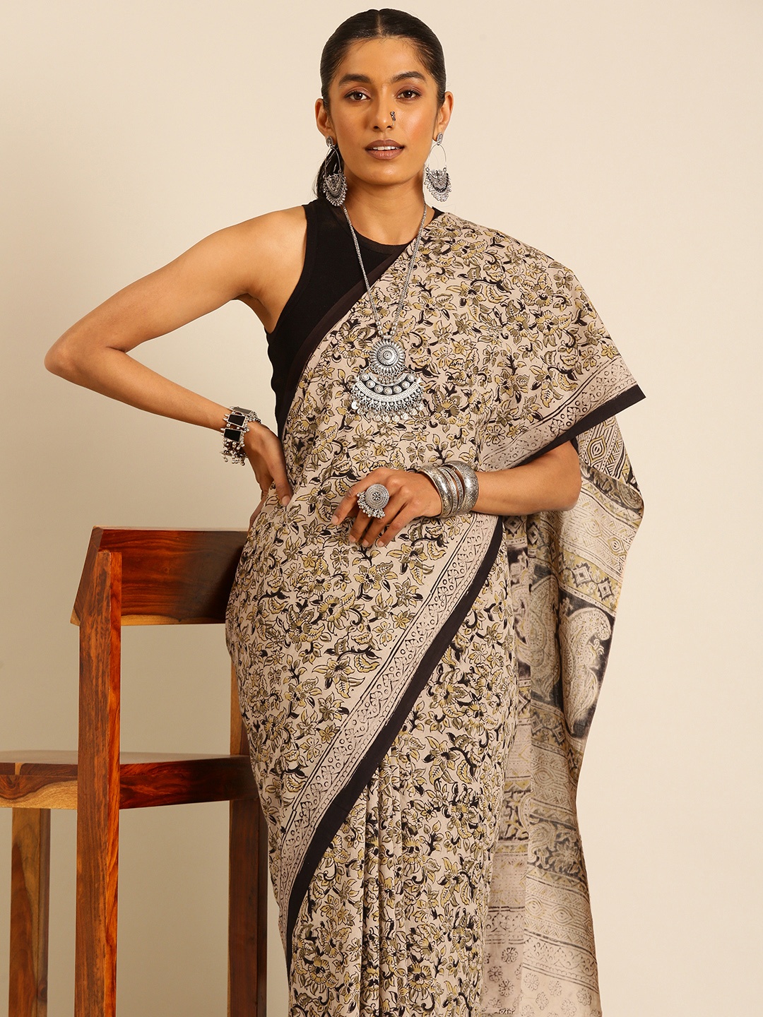 

Taavi Kalamkari Pure Cotton Handloom Hand Block Print Saree, Beige