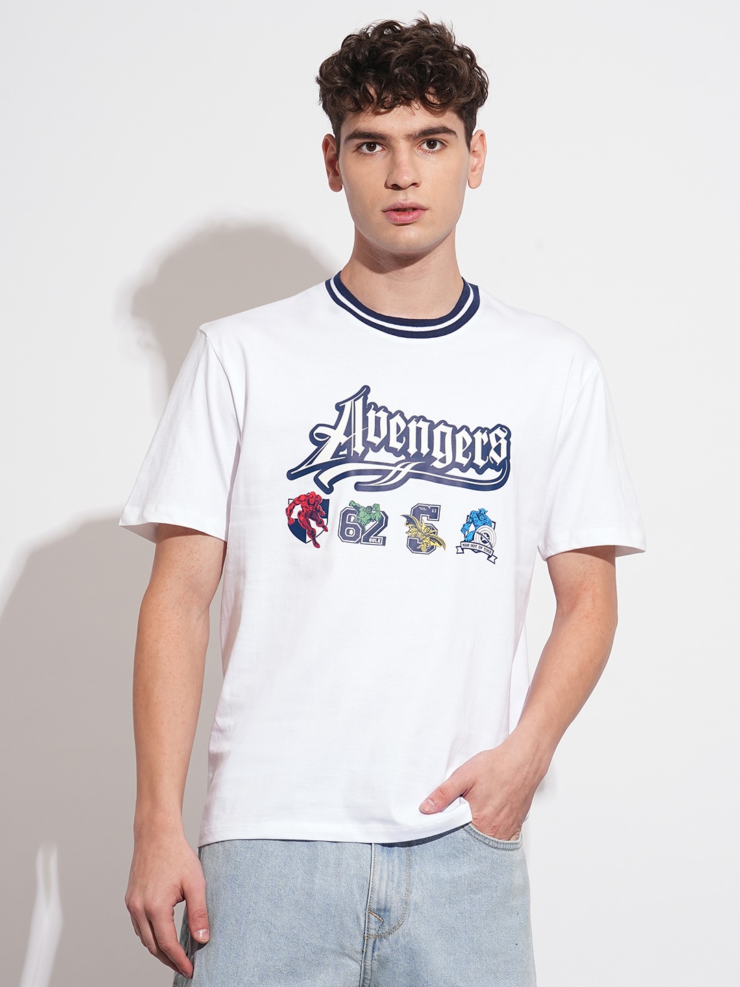 

Being Human Avengers Printed Drop-Shoulder Sleeves Easy Fit Pure Cotton T-shirt, White