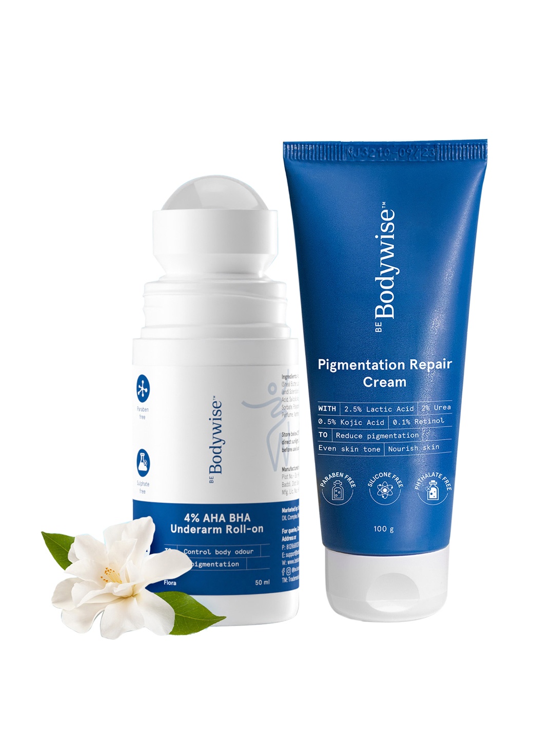 

Be Bodywise Set of Pigmentation Repair Cream 100g & 4% AHA BHA Underarm Roll-On 50ml, Blue