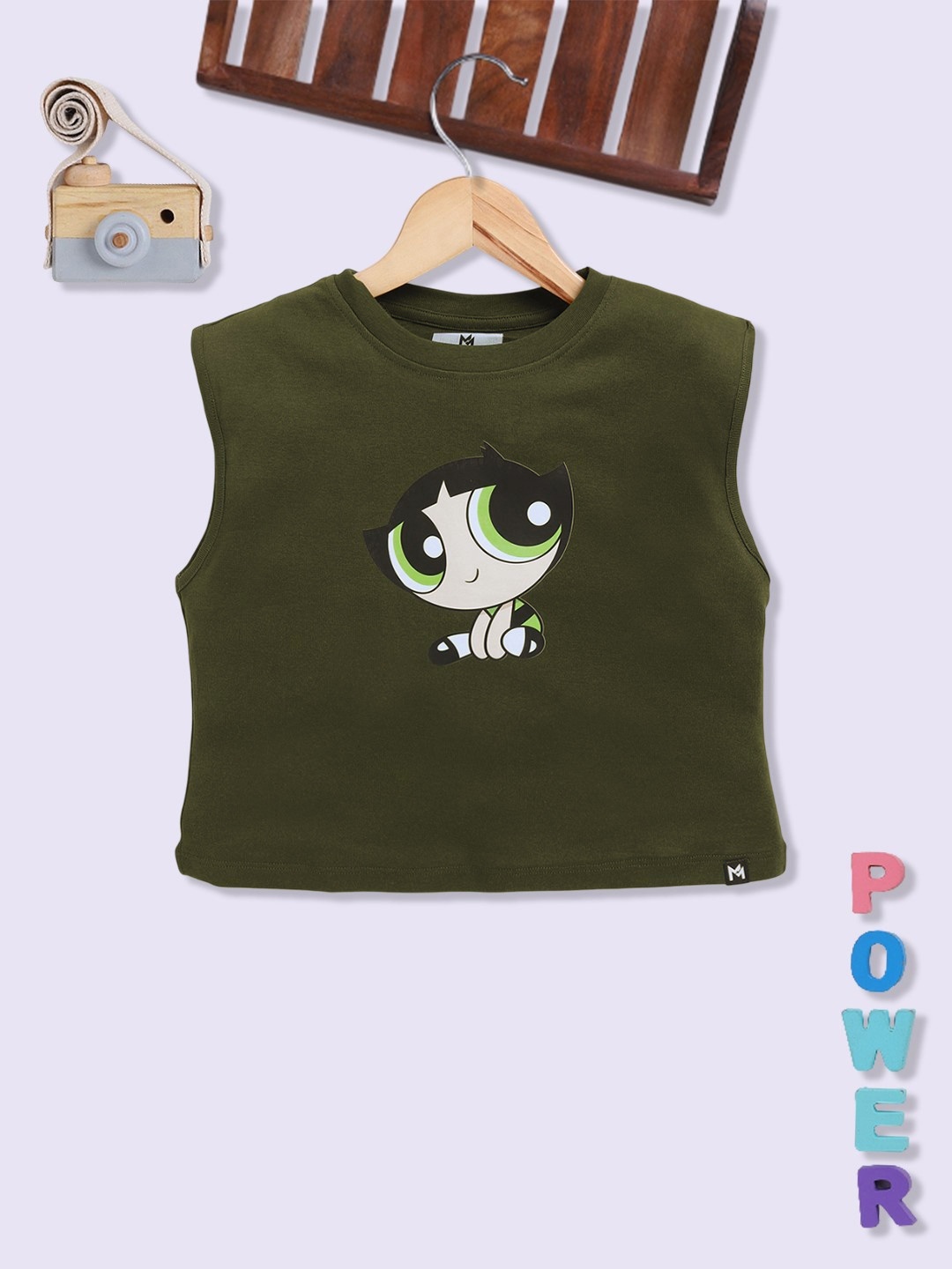

YK X Minute Mirth Girls Powerpuff Girls Printed Cotton Tank Crop Top, Olive