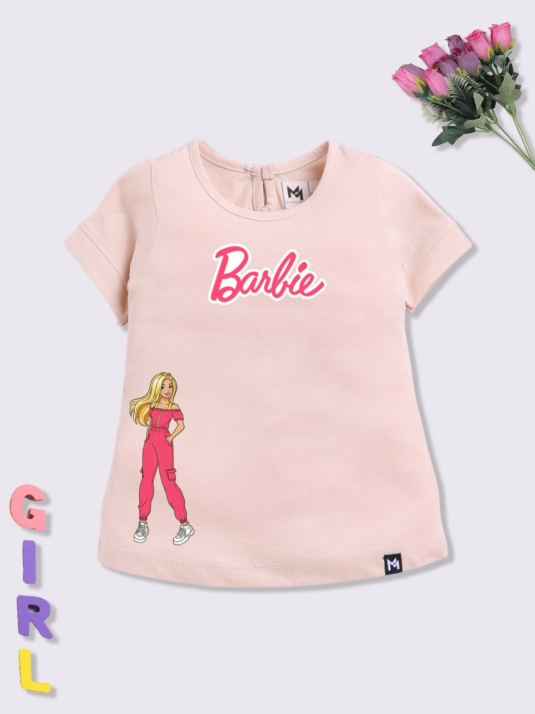 

YK X Minute Mirth Infant Girls Barbie Printed Pure Cotton T-shirt Dress, Peach