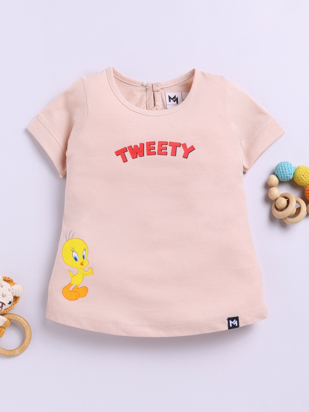 

YK X Minute Mirth Infant Girls Tweety Printed Pure Cotton T-shirt Dress, Peach