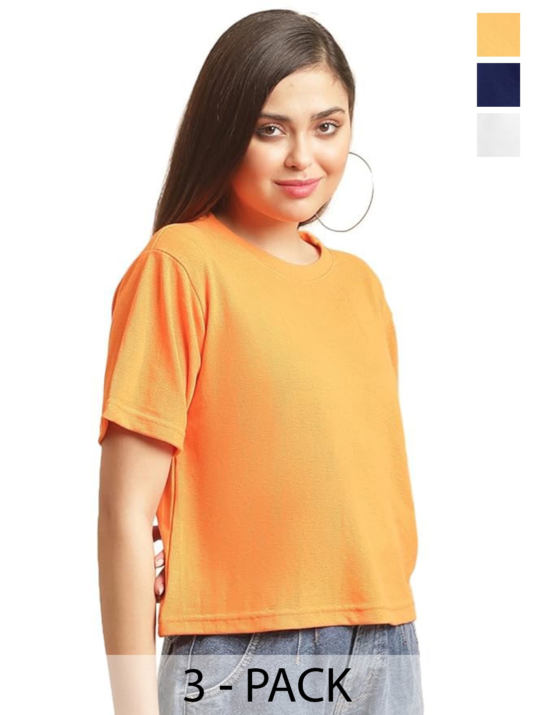 

NOTWILD Women Pack Of 3 Solid Round Neck Cotton T-shirts, Navy blue
