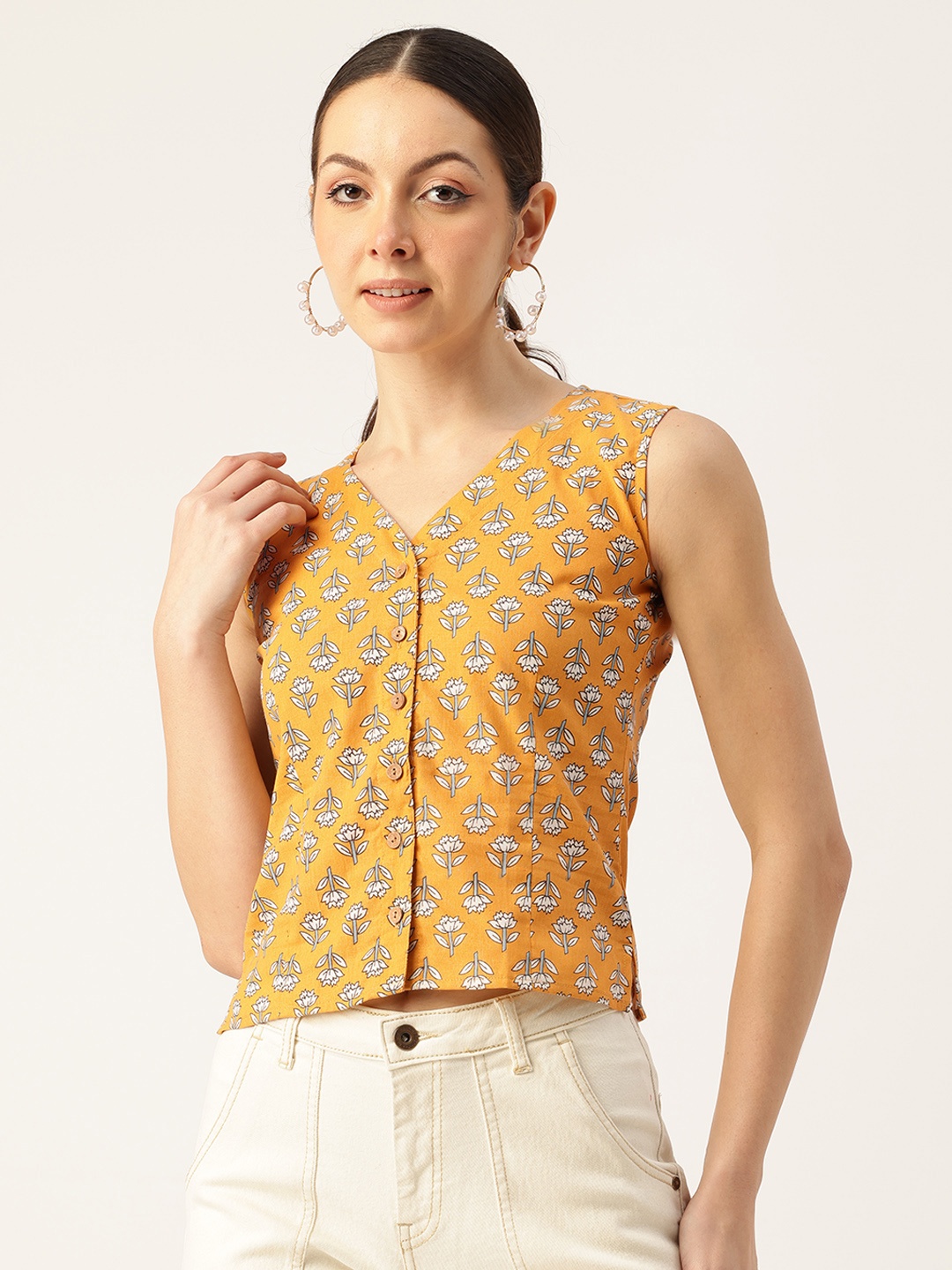 

Molcha Ethnic Printed Front Open Pure Cotton Top, Mustard