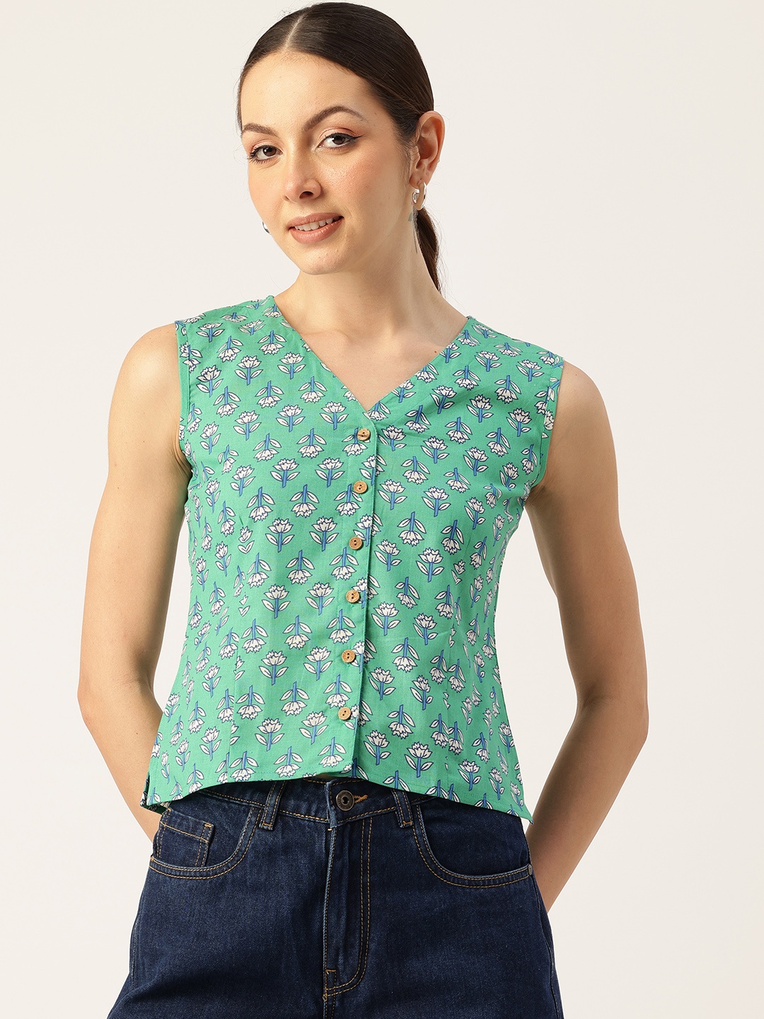 

Molcha Ethnic Printed Front Open Pure Cotton Top, Green