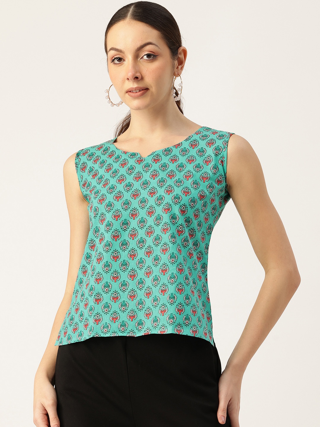 

Molcha Ethnic Printed Pure Cotton Top, Green