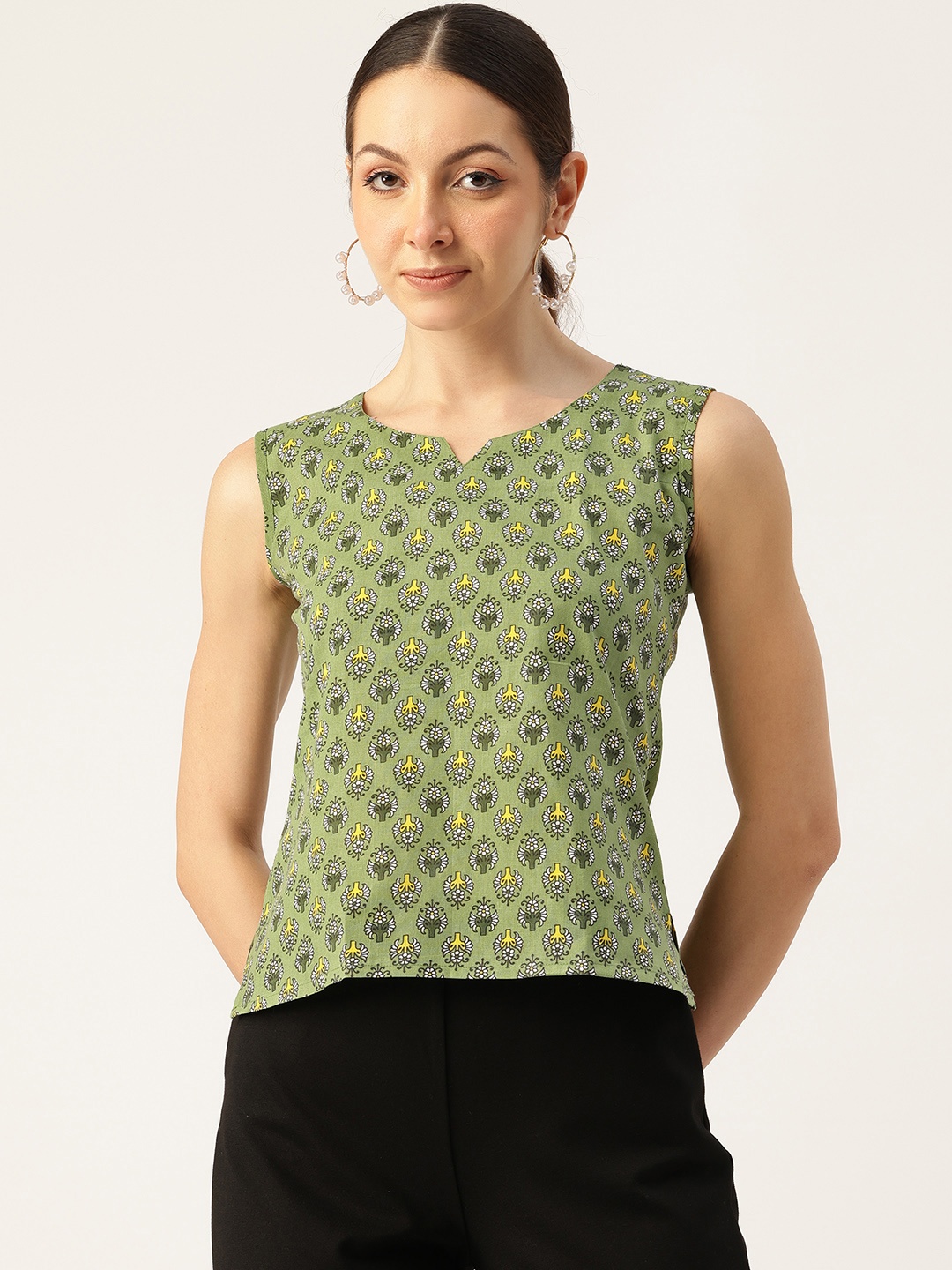 

Molcha Ethnic Printed Pure Cotton Top, Olive
