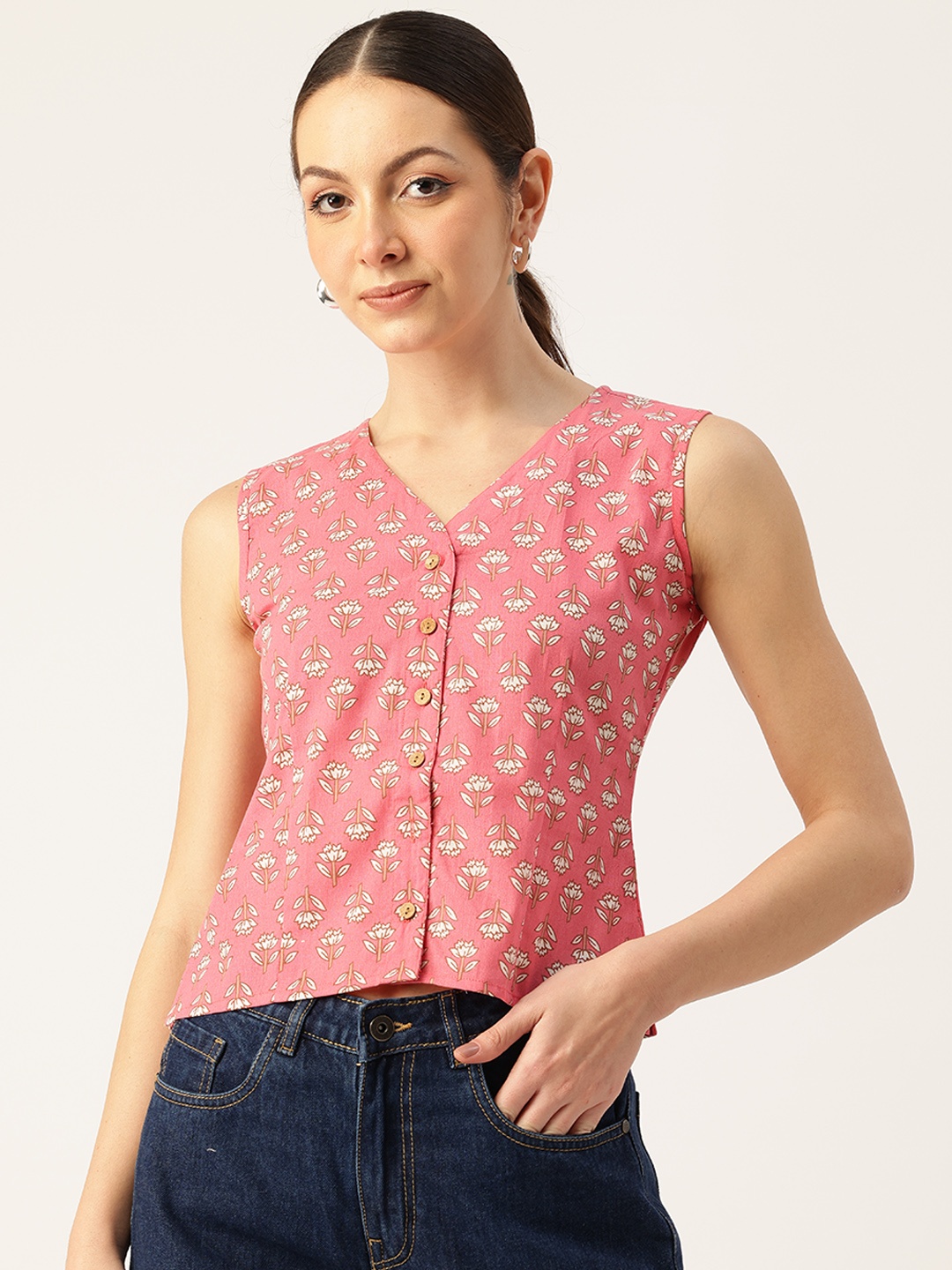 

Molcha Ethnic Printed Front Open Pure Cotton Top, Pink