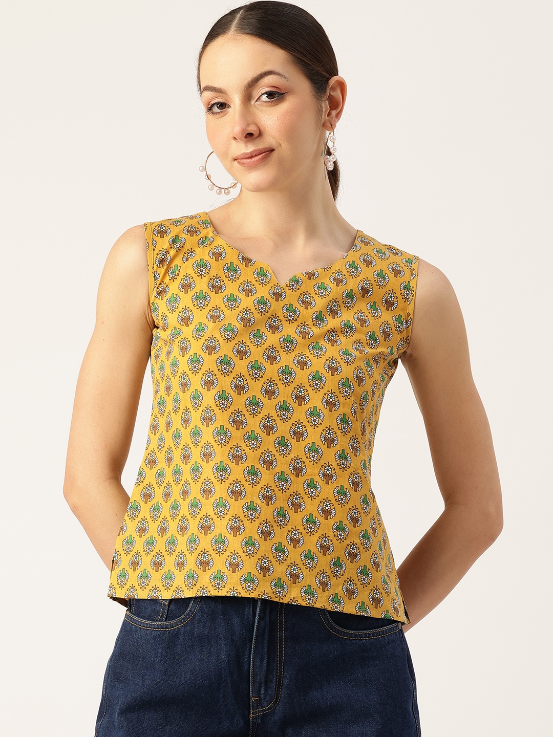 

Molcha Ethnic Printed Pure Cotton Top, Mustard