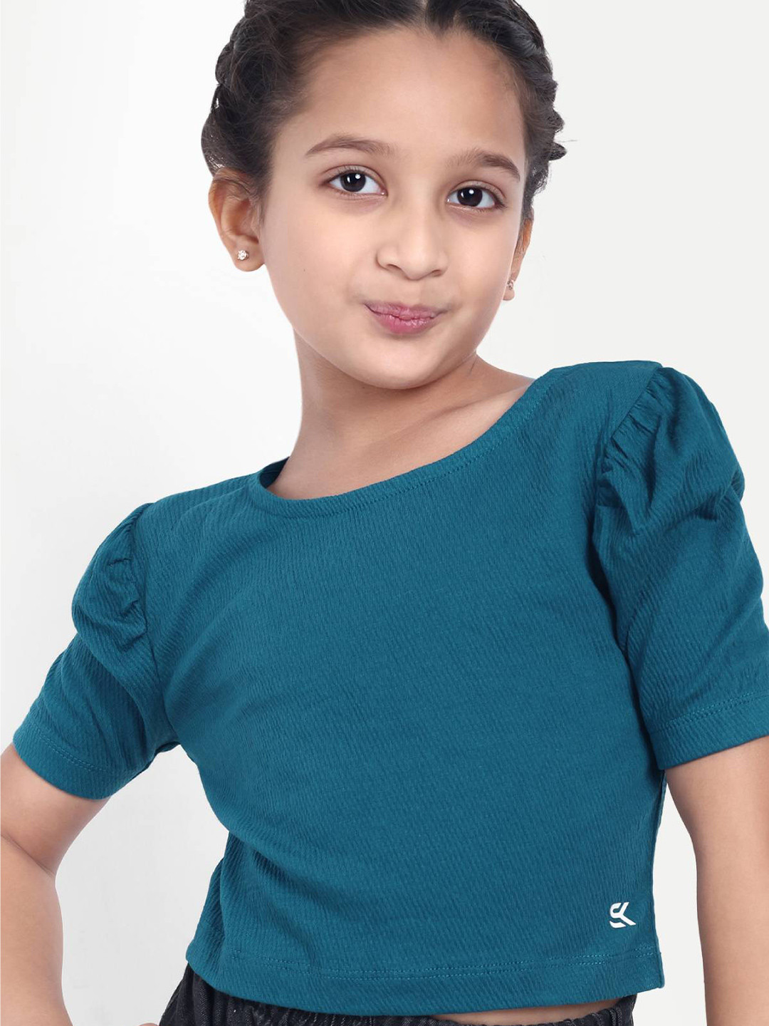 

ONE SKY Girls Puff Sleeve Crop Top, Teal