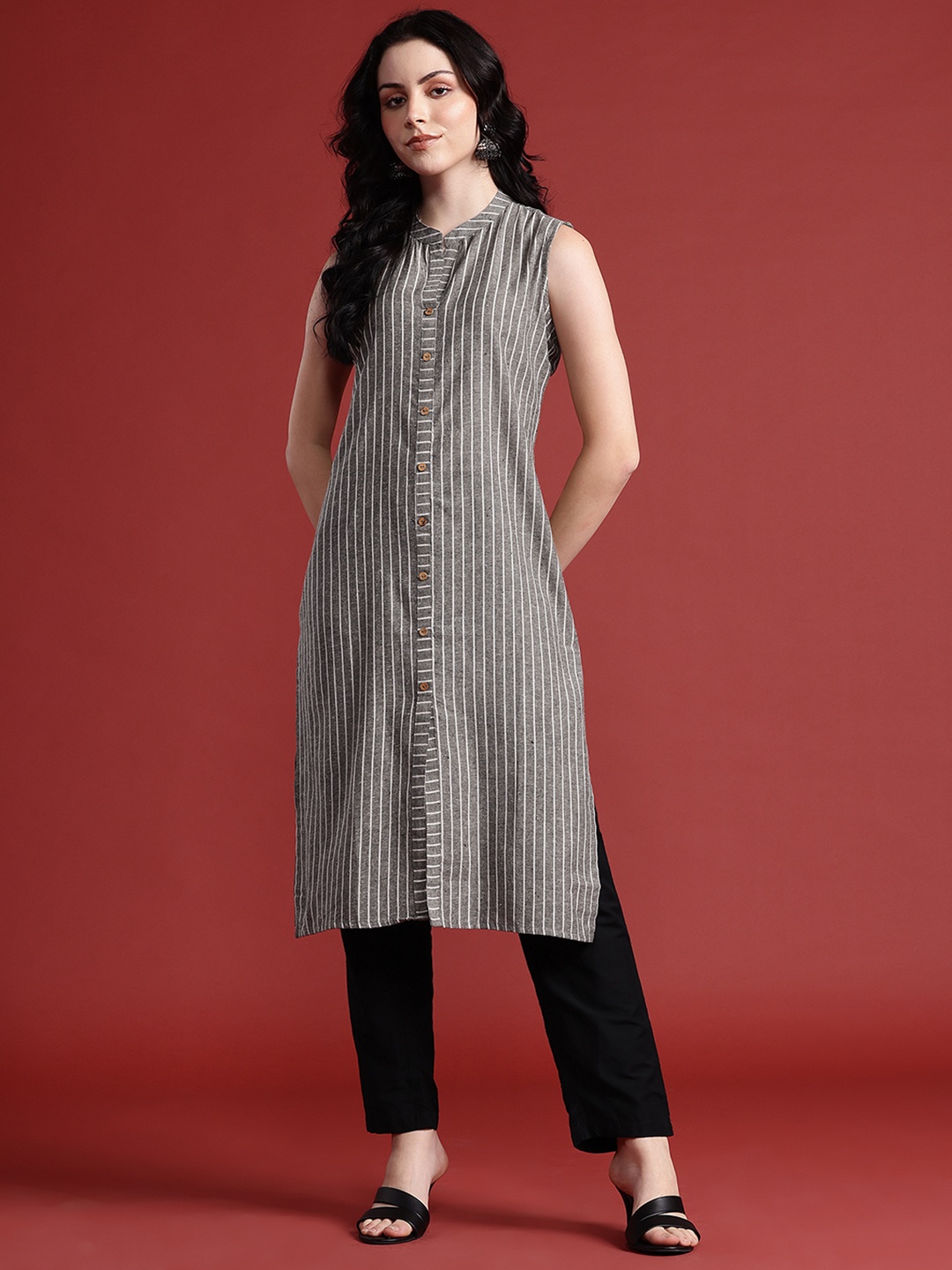 

Anouk Striped Sleeveless Kurta, Beige