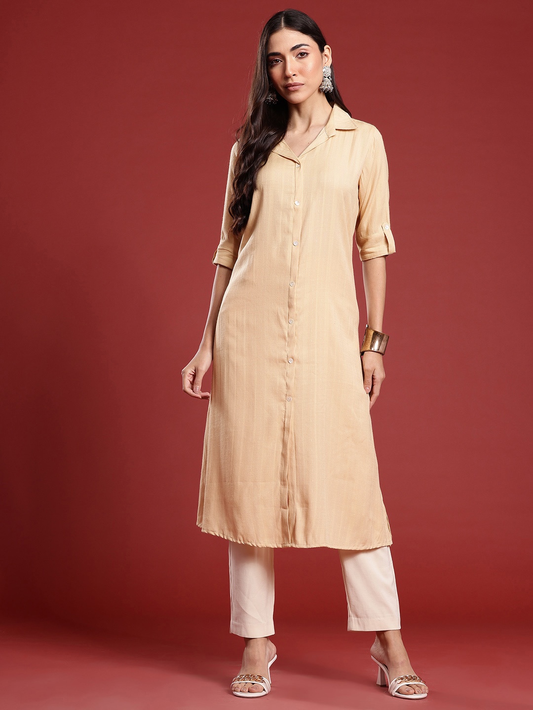 

Anouk Self-Striped Fusion Kurta, Beige