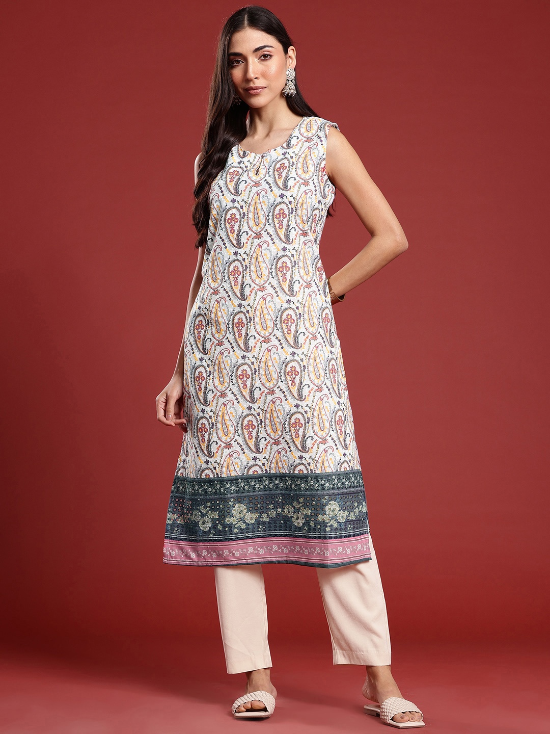 

Anouk Paisley Embroidered Keyhole Neck Sequined Straight Kurta, Off white