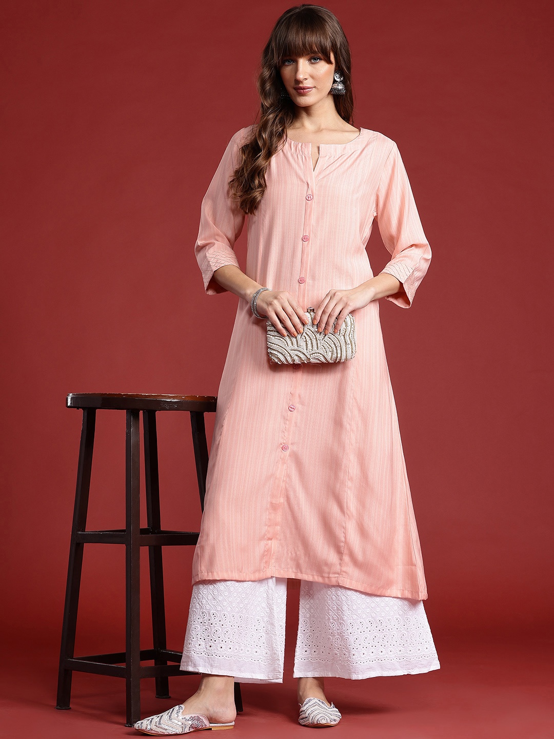 

Anouk Striped Straight Kurta, Pink