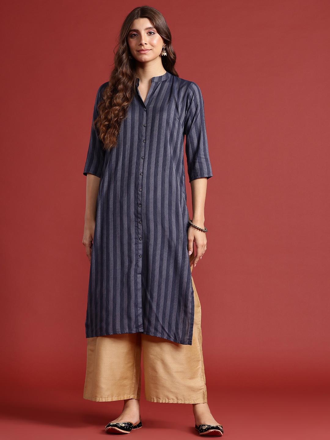 

Anouk Women Self Striped Kurta, Navy blue