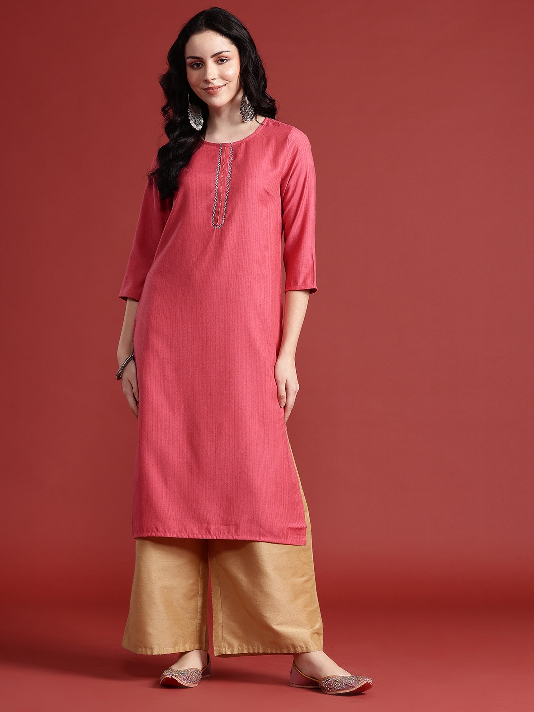 

Anouk Striped Straight Kurta, Red