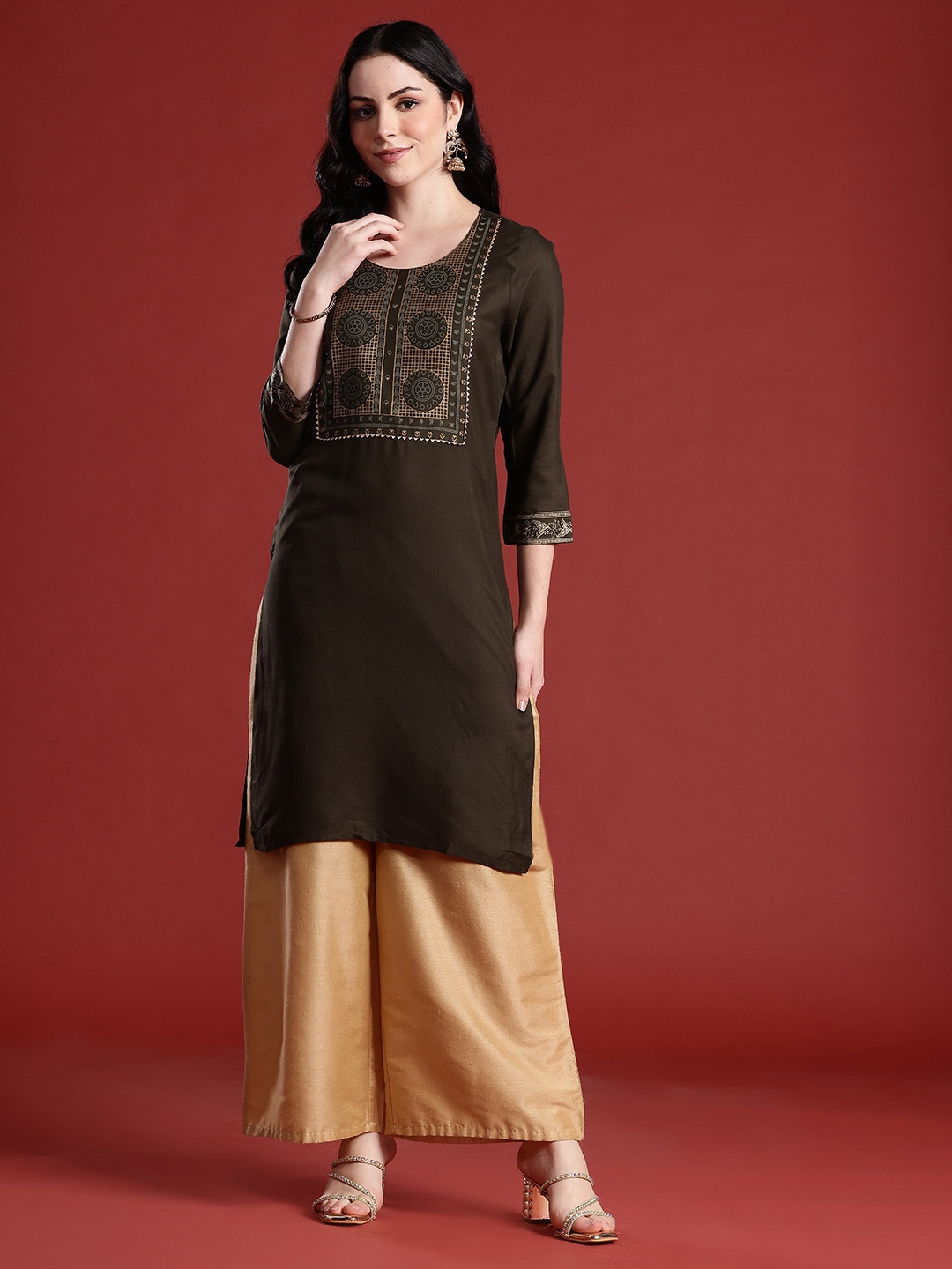 

Anouk Women Geometric Printed Kurta, Olive