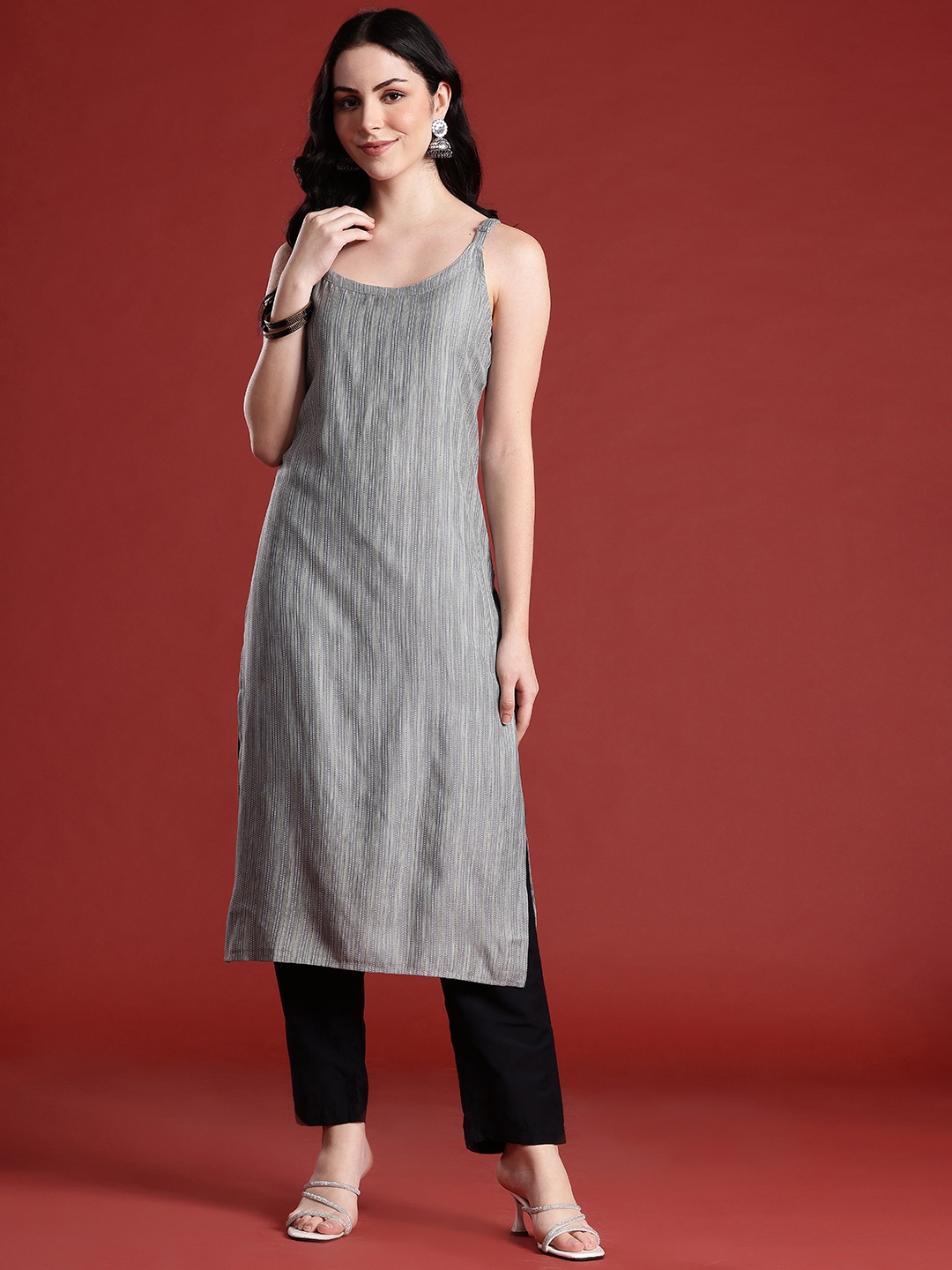 

Anouk Shoulder Straps Striped Straight Kurta, Grey