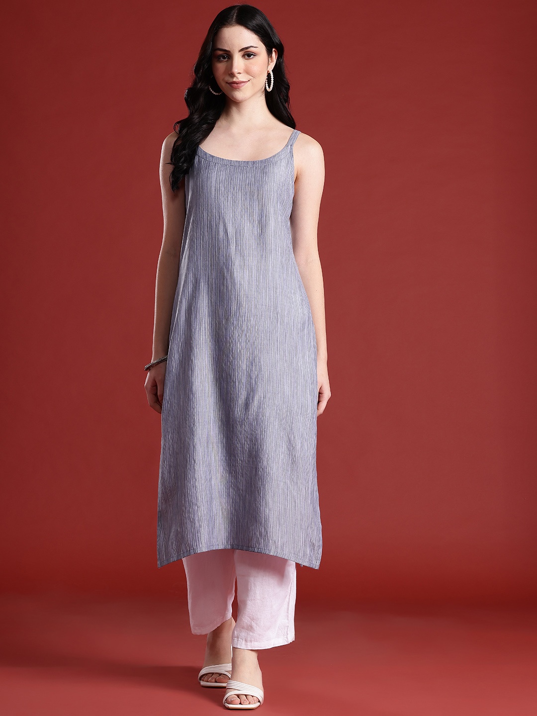 

Anouk Striped Thread Work Kurta, Grey