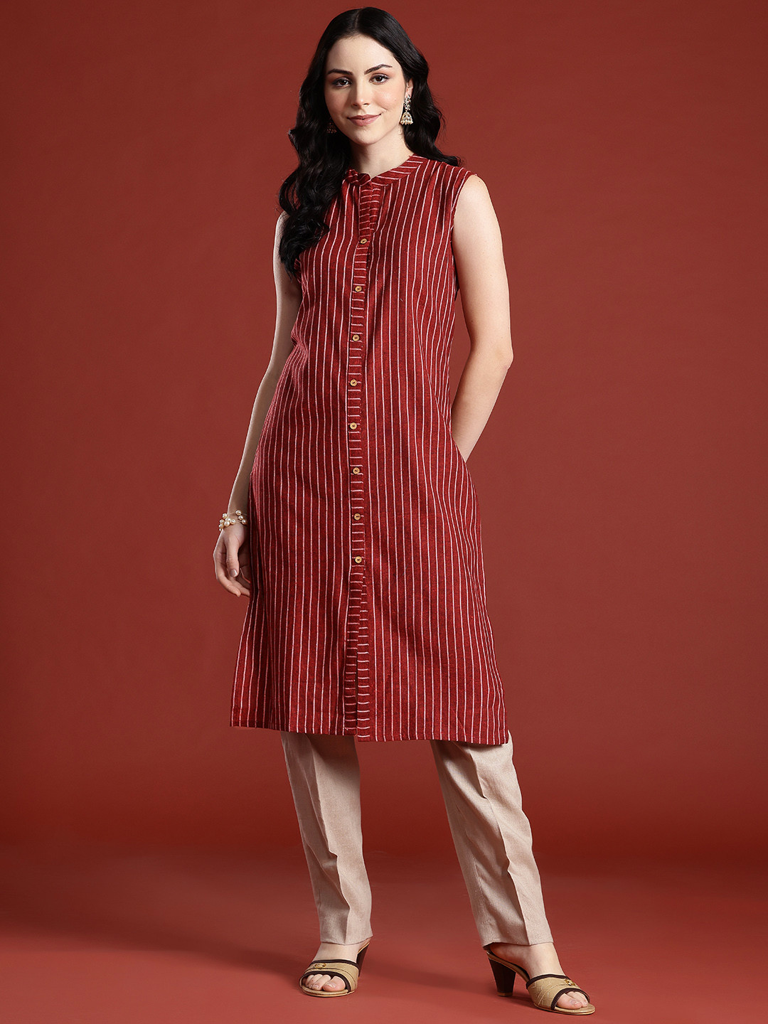 

Anouk Striped Pure Cotton Kurta, Maroon